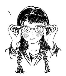 Rule 34 | !, 1girl, adjusting eyewear, blush, bomhat, braid, commentary, english commentary, glasses, greyscale, hands up, highres, long hair, monochrome, original, parted lips, sailor collar, school uniform, serafuku, simple background, solo, twin braids, upper body, white background