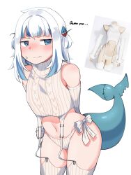 Rule 34 | 1girl, absurdres, artist request, blue eyes, blue hair, blush, breasts, detached sleeves, fins, fish tail, gawr gura, grey hair, hair ornament, highres, hololive, hololive english, large breasts, looking at viewer, meme attire, multicolored hair, navel, non-web source, panties, shark tail, solo, source request, streaked hair, sweater, tail, underwear, virgin destroyer sweater, virtual youtuber