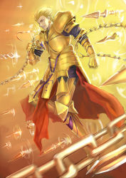 Rule 34 | 1boy, armor, blonde hair, chain, earrings, enkidu (weapon) (fate), exxe, fate/zero, fate (series), gate of babylon (fate), gilgamesh (fate), hair slicked back, jewelry, male focus, red eyes, solo