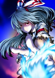Rule 34 | 1girl, blew andwhite, blue fire, bow, close-up, colorized, female focus, fingernails, fire, foreshortening, fragment04, fujiwara no mokou, hair bow, highres, long hair, monochrome, outstretched hand, perspective, serious, solo, tahoo, tasoku hokou heiki, torn clothes, touhou