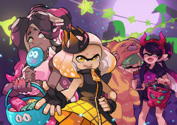 Rule 34 | + +, 4girls, :d, animal costume, bear costume, black gloves, black hair, black shirt, black shorts, black skin, blonde hair, blunt bangs, bucket, callie (splatoon), candy, cephalopod eyes, chocolate, chocolate bar, closed eyes, colored skin, commentary, cousins, crop top, crown, demon horns, dj octavio, dress, earrings, eating, english commentary, fangs, fingerless gloves, food, foreshortening, full moon, gloves, gomipomi, gradient hair, green eyes, grey hair, grin, hairband, headphones, holding, holding food, horns, jellyfish (splatoon), jewelry, laughing, leaning forward, lollipop, long hair, looking at viewer, makeup, marie (splatoon), marina (splatoon), medium hair, mole, mole under eye, mole under mouth, moon, multicolored hair, multicolored skin, multiple girls, night, night sky, nintendo, octoling, open mouth, outdoors, pantyhose, pearl (splatoon), pink gloves, pink pupils, pink shirt, pointy ears, print shirt, purple hairband, shirt, short dress, short sleeves, shorts, sky, sleeveless, sleeveless dress, smile, splatoon (series), splatoon 1, splatoon 2, standing, star (sky), star (symbol), starry sky, suction cups, t-shirt, tentacle hair, trick-or-treating, white hair, yellow dress, yellow eyes, yellow legwear, zipper, zipper pull tab