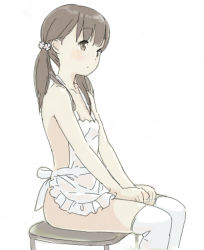 Rule 34 | 1girl, apron, blush, brown eyes, brown hair, closed mouth, flower, frilled apron, frills, hair flower, hair ornament, hands on lap, kokudou juunigou, long hair, looking away, naked apron, on stool, original, over-kneehighs, simple background, sitting, solo, stool, thighhighs, twintails, white apron, white background, white flower, white thighhighs