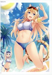 Rule 34 | 2girls, absurdres, akizora momiji, animal ears, armband, armpits, arms up, artist name, ball, bare legs, bare shoulders, barefoot, beachball, bikini, blonde hair, blue eyes, blue sky, blush, breasts, cameltoe, cloud, cloudy sky, day, eyewear on head, fang, green eyes, highres, jumping, large breasts, long hair, multiple girls, navel, open mouth, page number, palm tree, scan, shiny skin, silver hair, sky, smile, sports sunglasses, sunglasses, sunlight, swimsuit, tail, tankini, tiger ears, tiger tail, toranoana, tree