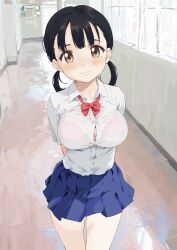 Rule 34 | 1girl, absurdres, arms behind back, black hair, blue skirt, blush, bow, bowtie, bra, breasts, brown eyes, closed mouth, collared shirt, cowboy shot, hallway, highres, indoors, large breasts, looking at viewer, low twintails, original, pink bra, pomerachi, red bow, red bowtie, school uniform, see-through, see-through shirt, shirt, short hair, short sleeves, skirt, smile, solo, standing, twintails, underwear, white shirt