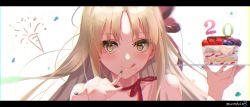 Rule 34 | 1girl, absurdres, blonde hair, cake, food, happy birthday, highres, letterboxed, long hair, looking at viewer, maoushiori3, multicolored nails, nail polish, nijisanji, off shoulder, plate, sister claire, smile, solo, strawberry shortcake, tagme, tongue, tongue out, virtual youtuber, white background, yellow eyes