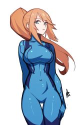 Rule 34 | 1girl, arm behind back, blonde hair, blue bodysuit, blue eyes, bodysuit, breasts, cameltoe, closed mouth, commentary, covered navel, cowboy shot, distr, english commentary, expressionless, half updo, highres, long hair, looking at viewer, medium breasts, metroid, nintendo, ponytail, samus aran, signature, simple background, skin tight, solo, standing, thigh gap, white background, zero suit