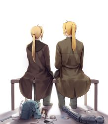 Rule 34 | 2boys, absurdres, alphonse heiderich, automail, bench, black footwear, black pants, blonde hair, brown coat, cameo, coat, comparison, conqueror of shambala, den (fma), dual persona, edward elric, eyepatch, unworn eyepatch, unworn eyewear, facing away, fullmetal alchemist, glasses, unworn headwear, helmet, unworn helmet, highres, kkamcho owo, korean commentary, long hair, long sleeves, male focus, multiple boys, pants, photo (object), pocket watch, ponytail, portrait (object), severed arm, severed limb, shoes, side-by-side, simple background, sitting, watch, white background, winry rockbell, wrench