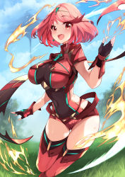 Rule 34 | 1girl, absurdres, black gloves, breasts, chest jewel, earrings, fingerless gloves, gloves, highres, jewelry, large breasts, pyra (xenoblade), red eyes, red hair, red shorts, red thighhighs, risumi (taka-fallcherryblossom), short hair, short shorts, shorts, solo, swept bangs, thighhighs, tiara, xenoblade chronicles (series), xenoblade chronicles 2