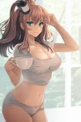 Rule 34 | 1girl, blue eyes, breasts, brown hair, cleavage, closed mouth, collarbone, cowboy shot, cup, hair between eyes, high side ponytail, highres, holding, holding cup, kantai collection, kasumi (skchkko), large breasts, long hair, looking at viewer, navel, panties, saratoga (kancolle), shirt, short sleeves, side ponytail, smile, solo, underwear, white panties, white shirt