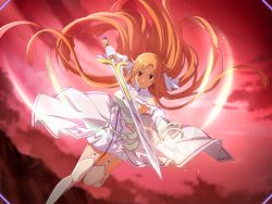 Rule 34 | 1girl, armor, armored dress, asuna (stacia), bracelet, breastplate, brown hair, closed mouth, detached collar, dress, floating hair, frown, game cg, garter straps, gloves, holding, holding sword, holding weapon, jewelry, leg up, long hair, looking at viewer, red eyes, red sky, short dress, sky, sleeveless, sleeveless dress, solo, sword, sword art online, sword art online: alicization rising steel, thighhighs, thighs, very long hair, weapon, white armor, white dress, white gloves, white thighhighs