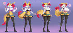 Rule 34 | 1girl, animal ears, animal hands, areola slip, arm up, artist name, bespectacled, bikini, bikini top only, black-framed eyewear, black bikini, blush, book, braixen, breast expansion, breasts, breasts out, claws, cleavage, creatures (company), fangs, feet, female focus, flatcoat, fox ears, fox tail, full body, furry, furry female, game freak, gen 6 pokemon, glasses, gradient background, green shorts, half-closed eyes, hands up, highres, huge breasts, large breasts, legs apart, looking down, magic, navel, nintendo, nipples, open book, open mouth, pokemon, pokemon (creature), pokemon xy, purple background, reading, red eyes, short shorts, shorts, simple background, small breasts, smile, solo, standing, swimsuit, tail, teeth, text focus, watermark