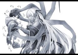 Rule 34 | 1boy, 1girl, cloak, closed eyes, earrings, extra arms, fate/grand order, fate (series), greyscale, hair ribbon, headpat, hug, jewelry, kali (fate), long hair, looking at another, looking at viewer, monochrome, open mouth, ribbon, size difference, smile, white hair, yukinaga (asuten)
