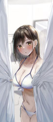 Rule 34 | 1girl, :o, bikini, black hair, blush, breasts, cleavage, collarbone, commentary, commentary request, curtains, highres, large breasts, looking at viewer, medium hair, mole, mole on collarbone, navel, original, parted lips, rouka (akatyann), swimsuit, white bikini, yellow eyes