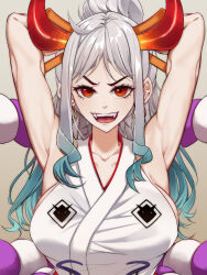 Rule 34 | 1girl, aqua hair, armpits, arms behind head, artist request, bare shoulders, breasts, female focus, highres, horns, large breasts, long hair, looking at viewer, multicolored hair, one piece, orange eyes, sharp teeth, sideboob, solo, teeth, white hair, yamato (one piece)