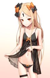 Rule 34 | 1girl, abigail williams (fate), absurdres, babydoll, bare shoulders, black bow, black panties, blonde hair, blush, bow, bow panties, breasts, cleavage, closed mouth, clothes lift, collarbone, fate/grand order, fate (series), forehead, hair bow, highres, hip focus, keyhole, lingerie, long hair, looking at viewer, navel, orange bow, panties, parted bangs, polka dot, polka dot bow, red eyes, sanpeita, small breasts, solo, thigh strap, thighs, underwear