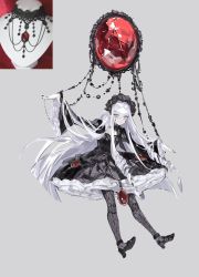 Rule 34 | 1girl, aimitkkays, beads, black footwear, black nails, choker, closed mouth, dress, drill hair, frilled dress, frills, full body, gem, gothic lolita, grey background, grey eyes, grey pantyhose, hairband, hanging, high heels, highres, jewelry, juliet sleeves, lolita fashion, lolita hairband, long hair, long sleeves, looking at viewer, nail polish, necklace, original, outstretched arms, pale skin, pantyhose, pendant, petticoat, photo inset, puffy sleeves, puppet strings, red gemstone, reference inset, short dress, simple background, smile, solo, spread arms, twin drills, very long hair, wide sleeves