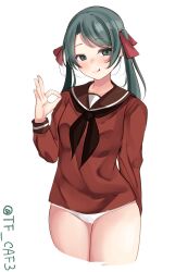 Rule 34 | 1girl, black neckerchief, blush, cowboy shot, cropped legs, green eyes, green hair, highres, kantai collection, licking lips, long hair, long sleeves, looking at viewer, mikuma (kancolle), neckerchief, one-hour drawing challenge, panties, red shirt, sailor collar, sexually suggestive, shirt, simple background, solo, tf cafe, tongue, tongue out, twintails, twitter username, underwear, white background, white panties