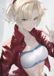 Rule 34 | 1girl, bandeau, blush, braid, breasts, cleavage, collarbone, fate/apocrypha, fate (series), french braid, hair ornament, hair scrunchie, highres, imizu (nitro unknown), long hair, long sleeves, looking at viewer, medium breasts, memories at trifas, mordred (fate), mordred (fate/apocrypha), mordred (memories at trifas) (fate), navel, ponytail, red scrunchie, scrunchie, smile, solo