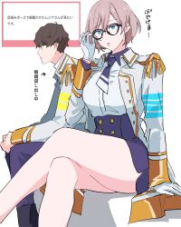 1boy 1girl blue_eyes breasts brown_hair corset crossed_legs epaulettes glasses gloves grey_hair gridman_universe highres himagosan jacket juuga large_breasts military_jacket mujina necktie purple_shorts short_hair shorts sitting ssss.dynazenon thighs white_gloves white_jacket