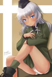 Rule 34 | 1girl, ankle boots, artist name, black footwear, black hat, blue eyes, boots, closed mouth, garrison cap, giuseppina ciuinni, green jacket, green socks, haruhata mutsuki, hat, hugging own legs, jacket, long hair, long sleeves, looking at viewer, military, military hat, military uniform, no pants, panties, pantyshot, signature, silver hair, sitting, smile, socks, solo, strike witches: suomus misfits squadron, twitter username, underwear, uniform, white panties, world witches series