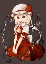 Rule 34 | 1girl, ascot, bad id, bad pixiv id, blonde hair, bow, buttons, fangs, flandre scarlet, full body, hair between eyes, hat, hat ribbon, highres, laevatein, long hair, looking at viewer, mob cap, moose (moosu193), open mouth, puffy short sleeves, puffy sleeves, red bow, red eyes, red ribbon, red skirt, ribbon, short sleeves, simple background, sitting, skirt, skirt set, smile, solo, touhou, v arms, vest, white hat, wings, yellow ascot
