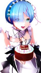 Rule 34 | 1girl, absurdres, apron, birthday cake, blue eyes, blue hair, breasts, cake, cleavage, commentary, english commentary, eyes visible through hair, food, hair ornament, highres, its just dr, looking at viewer, maid, maid apron, maid headdress, medium breasts, open mouth, re:zero kara hajimeru isekai seikatsu, rem (re:zero), roswaal mansion maid uniform, self-upload, short hair, skirt, smile, solo, white background, x hair ornament