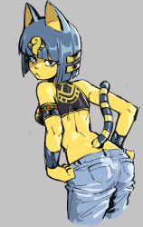 Rule 34 | 1girl, :&lt;, animal crossing, ankha (animal crossing), ass, black eyes, black hair, black shirt, blunt bangs, bob cut, bracer, cat girl, cat tail, closed mouth, colored skin, commentary, crop top, cropped legs, denim, dressing, english commentary, from behind, from side, frown, grey background, hair ornament, highres, jeans, jitome, looking at viewer, looking back, midriff, nintendo, pants, shirt, short hair, simple background, solo, tail, woogleboy, yellow skin