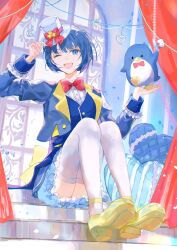 Rule 34 | 1girl, bird, bird on hand, blue hair, blue jacket, blue skirt, blue vest, blunt bangs, bow, commentary, cropped jacket, curtains, hat, heart, heart-shaped pillow, highres, jacket, kiritani haruka, koppan, lace, lace-trimmed skirt, lace trim, mini hat, mini top hat, one eye closed, open mouth, pillow, project sekai, red bow, rope, sanrio, short hair, sidelocks, sitting, skirt, smile, top hat, tuxedo sam, vest, white headwear, yellow bow, yellow footwear