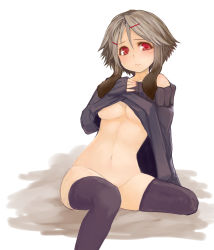 Rule 34 | 1girl, absurdres, black thighhighs, bottomless, breasts, clothes lift, grey hair, h (158cm), hair ornament, hairclip, highres, mimi (h 158cm), navel, no bra, off shoulder, original, red eyes, shirt lift, short hair, sitting, sleeves past wrists, solo, sweater, thighhighs, underboob
