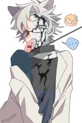 Rule 34 | ..., 2boys, animal ears, atou haruki, black collar, black shirt, blonde hair, blood, blood on clothes, blood on eyewear, blood on face, blue eyes, cat boy, cat ears, chinese commentary, collar, commentary request, crumbs, doughnut, food, food in mouth, glasses, kanou aogu, kemonomimi mode, lab coat, leash, long sleeves, male focus, multiple boys, no mouth, partially colored, rumian75475, saibou shinkyoku, shirt, short hair, simple background, spoken ellipsis, sweatdrop, upper body, white background, white shirt