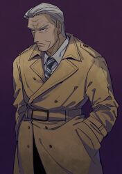 Rule 34 | 1boy, absurdres, black eyes, buttons, closed mouth, collared shirt, commentary request, cowboy shot, frown, grey hair, grey necktie, hands in pockets, highres, inudori, kaiji, long sleeves, male focus, necktie, old, old man, purple background, shirt, short hair, simple background, solo, tonegawa yukio, v-shaped eyebrows, white shirt