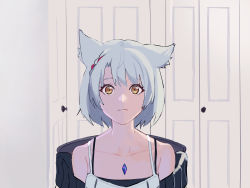 Rule 34 | 1girl, animal ear fluff, bare shoulders, blank stare, brown eyes, chair, closed mouth, collarbone, commentary, door, doorknob, english commentary, fikkyun, grey hair, hair between eyes, highres, indoors, linus tech tips, looking at viewer, medium hair, meme, mio (xenoblade), off-shoulder sweater, off shoulder, on chair, sad linus (meme), solo, sweater, tank top, upper body, white tank top, xenoblade chronicles (series), xenoblade chronicles 3