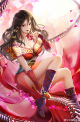 Rule 34 | 1girl, absurdres, bare shoulders, brown hair, chi lian (qinshi mingyue), closed mouth, dress, falling petals, flower, full body, highres, holding, holding whip, long hair, medium hair, off-shoulder dress, off shoulder, petals, purple footwear, qinshi mingyue, red dress, red eyes, second-party source, sitting, smile, solo, spider lily, wang er liangliang