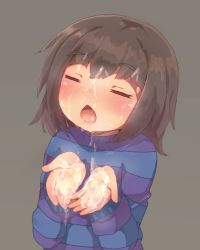 Rule 34 | androgynous, black hair, blush, closed eyes, cum, cum on body, cum on hands, cum on upper body, cupping hands, facial, frisk (undertale), gender request, grey background, long sleeves, open mouth, own hands together, purple shirt, renoa yu, shirt, short hair, simple background, solo, striped clothes, striped shirt, undertale