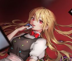 Rule 34 | 100th black market, 1girl, ability card (touhou), apron, black vest, blonde hair, blush, buttons, card, hair between eyes, highres, holding, holding card, kirisame marisa, long hair, multicolored buttons, open mouth, puffy short sleeves, puffy sleeves, red eyes, shironeko yuuki, shirt, short sleeves, smile, solo, touhou, upper body, vest, waist apron, white apron, white shirt