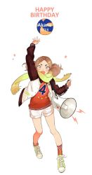Rule 34 | 1girl, ball, blush, brown eyes, brown hair, buun ko, converse, haikyuu!!, hair ornament, hairclip, happy birthday, highres, looking at viewer, megaphone, open mouth, red legwear, scarf, shoes, short hair, smile, sneakers, solo, twintails, yamamoto akane, yellow scarf