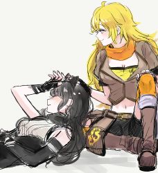 Rule 34 | 2girls, ahoge, bad id, bad twitter id, black hair, blake belladonna, blonde hair, boots, breasts, cleavage, fingerless gloves, gloves, hand on another&#039;s head, hand on own forehead, hand on own knee, large breasts, long hair, midriff, multiple girls, naizo (kimosugimasu), navel, rwby, scarf, sketch, smile, white background, yang xiao long