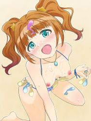 Rule 34 | 1girl, artist request, bikini, blue eyes, blush, breasts, breasts out, brown hair, condom, cum, cum on body, cum on upper body, facial, highres, idolmaster, idolmaster (classic), long hair, looking at viewer, nipples, open mouth, solo, swimsuit, takatsuki yayoi, twintails, used condom