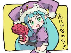 Rule 34 | 1girl, aqua eyes, blue hair, blunt bangs, blush, breasts, crop top, fonewearl, fur-trimmed headwear, fur trim, gun, hat, holding, holding gun, holding weapon, jester cap, juliet sleeves, light blue hair, long sleeves, open mouth, phantasy star, phantasy star online, pointy ears, puffy sleeves, purple hat, rupika, seseringo, small breasts, solo, star (symbol), v-shaped eyebrows, weapon