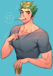 Rule 34 | 1boy, bara, blue background, blush, cup, food, food in mouth, genji (overwatch), green hair, grey shirt, holding, holding cup, large pectorals, male focus, muscular, muscular male, nkraae, overwatch, overwatch 2, pectorals, popsicle, popsicle in mouth, shirt, short hair, simple background, solo, translation request
