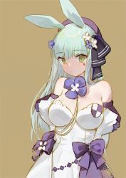 Rule 34 | 1girl, animal ears, arms behind back, bare shoulders, bow, breasts, detached sleeves, dress, expressionless, facial mark, girls&#039; frontline, green eyes, hair ornament, hat, hk416 (girls&#039; frontline), hk416 (herbal-flavored hard candy) (girls&#039; frontline), juliet sleeves, large breasts, long hair, long sleeves, looking at viewer, official alternate costume, puffy sleeves, rabbit ears, ribbon, simple background, smile (mm-l), solo, teardrop, white dress