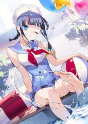 Rule 34 | 1girl, armlet, ball, balloon, bare shoulders, barefoot, beachball, black hair, blue eyes, blue sailor collar, blue skirt, blush, braid, breasts, buttons, double-breasted, fate/grand order, fate (series), feet, grin, hat, innertube, looking at viewer, low twin braids, medium breasts, medium hair, multicolored hair, noco (adamas), official art, one-piece swimsuit, one eye closed, pink hair, poolside, sailor collar, sailor hat, sidelocks, sitting, skirt, smile, soles, solo, streaked hair, swim ring, swimsuit, thighs, toes, twin braids, utsumi erice, utsumi erice (swimsuit avenger), utsumi erice (swimsuit avenger) (second ascension), water, white hat, white one-piece swimsuit