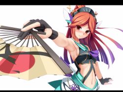 Rule 34 | 1girl, armpits, blush, breasts, brown eyes, eto, folding fan, hand fan, letterboxed, long hair, looking at viewer, md5 mismatch, medium breasts, midriff, navel, phantasy star, phantasy star online 2, quna (pso2), red hair, resolution mismatch, solo, source smaller