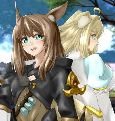 Rule 34 | 2girls, :d, ahoge, animal ears, warrior of light (ff14), blonde hair, blush, breasts, cleavage, commentary request, day, dress, facial mark, final fantasy, final fantasy xiv, green eyes, hair intakes, highres, juliet sleeves, large breasts, long sleeves, looking at viewer, medium breasts, minarai tenna, miqo&#039;te, multiple girls, open mouth, original, outdoors, puffy sleeves, short hair, smile, vial, whisker markings, white dress