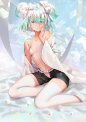 Rule 34 | absurdres, androgynous, aqua hair, arm support, bad id, bad pixiv id, bare shoulders, bed sheet, bikini, bikini top only, black shorts, blanket, blush, bow, brown eyes, closed mouth, diamond (houseki no kuni), eyelashes, gender request, hair between eyes, hair bow, highres, houseki no kuni, kirby (series), kirbyheimi, leaning to the side, looking at viewer, nintendo, on bed, open fly, shatter, short hair, short shorts, shorts, silver hair, smile, solo, sparkle, stomach, swimsuit, thighhighs, two side up, under covers, white bikini, white bow, white thighhighs