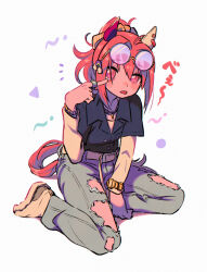 Rule 34 | 1girl, alternate costume, animal ears, appleq, belt, black shirt, brown footwear, collared shirt, commentary request, ear covers, eyewear on head, flower-shaped pupils, grey pants, hair between eyes, haru urara (umamusume), highres, horse ears, horse girl, horse tail, jewelry, layered sleeves, long sleeves, looking at viewer, necklace, pants, partial commentary, pink eyes, pink hair, pointing, pointing at self, ponytail, ring, round eyewear, shirt, short hair, simple background, sitting, solo, sunglasses, symbol-shaped pupils, tail, tongue, tongue out, torn clothes, torn pants, umamusume, wariza, watch, white background, white belt, wristwatch