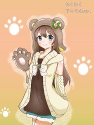 Rule 34 | 1girl, animal ears, animal hands, animal hood, aqua eyes, arm behind back, artist name, artist request, bare shoulders, bear ears, blue eyes, blush, bow, breasts, brown background, brown bow, brown dress, brown hair, brown jacket, brown sweater, clothing cutout, collarbone, dress, exciting animal (love live!), female focus, flower, frilled dress, frills, fur-trimmed pants, fur-trimmed shorts, fur trim, gloves, green pants, green shorts, hair between eyes, hood, hooded jacket, hooded sweater, jacket, light brown jacket, light brown sweater, long hair, long sleeves, looking at viewer, love live!, love live! nijigasaki high school idol club, love live! school idol festival, love live! school idol festival all stars, osaka shizuku, pants, parted lips, paw gloves, paw print, polka dot, polka dot bow, ponytail, ribbon, short pants, short shorts, short sleeves, shorts, shoulder cutout, small breasts, smile, solo, sweater, white bow, white flower, yellow ribbon