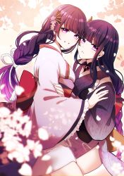 Rule 34 | 2girls, annerica, blunt bangs, blurry, braid, cherry blossoms, commentary request, depth of field, falling petals, frilled sleeves, frills, from side, genshin impact, hair ornament, heads together, highres, japanese clothes, kimono, long hair, long sleeves, looking at viewer, looking to the side, low ponytail, makoto (genshin impact), mole, mole under eye, multiple girls, obi, parted lips, petals, purple eyes, purple hair, raiden shogun, sash, siblings, sidelocks, single braid, smile, tasuki, twins, wide sleeves