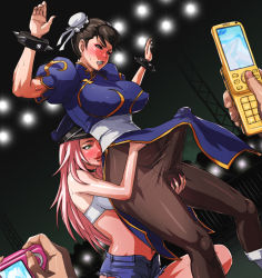 Rule 34 | 2girls, blush, bra, bracelet, breasts, bulge, bun cover, camera, camera phone, capcom, caressing testicles, cellphone, china dress, chinese clothes, choker, chun-li, double bun, dress, embarrassed, covered erect nipples, erection, erection under clothes, eyeshadow, final fight, from behind, futa with female, futanari, green eyes, handjob, hands up, hat, jewelry, large breasts, large penis, lingerie, long hair, makeup, midriff, multiple girls, no panties, pantyhose, pelvic curtain, penis, penis in pantyhose, phone, pink hair, poison (final fight), reach-around, short shorts, shorts, spiked bracelet, spikes, street fighter, sweat, testicle grab, testicles, underwear, usatarou