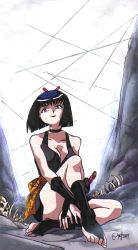 Rule 34 | 1girl, artist request, ass, bare legs, bare shoulders, black hair, bob cut, breasts, cleavage, dress, full body, hairband, inuyasha, katana, large breasts, lips, lipstick, looking at viewer, looking to the side, makeup, no bra, no panties, red background, red eyes, revealing clothes, sakasagami no yura, short dress, simple background, sitting, solo, sword, toeless legwear, weapon, wide hips
